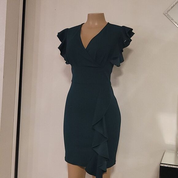 BRAND NEW KNITEE V-NECK RUFFLED ASYMMETRICAL MINI DRESS G1 - Picture 11 of 13